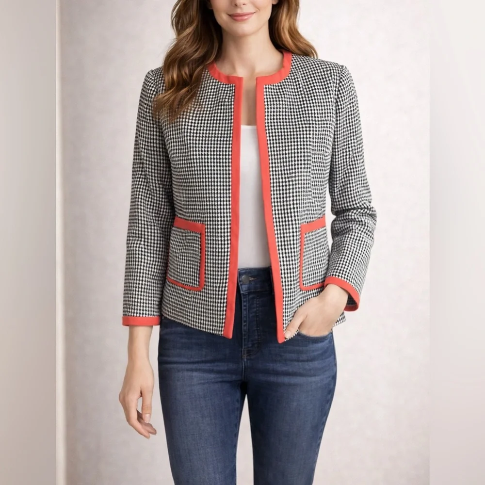 Nine West Houndstooth Jacket Coral Trim Open Front Blazer Size 8 GUC